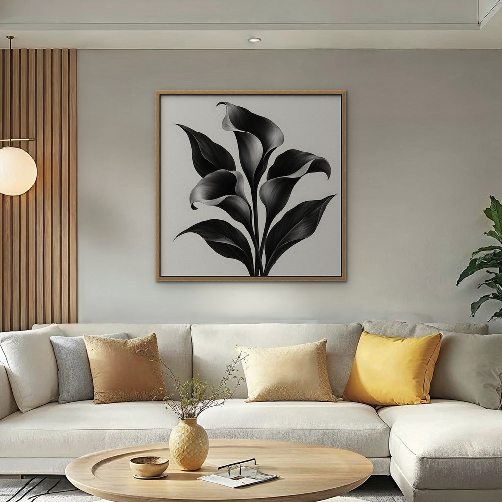 Black Calla Lilies Canvas Art - Square – Oak Floating Frame in room setting