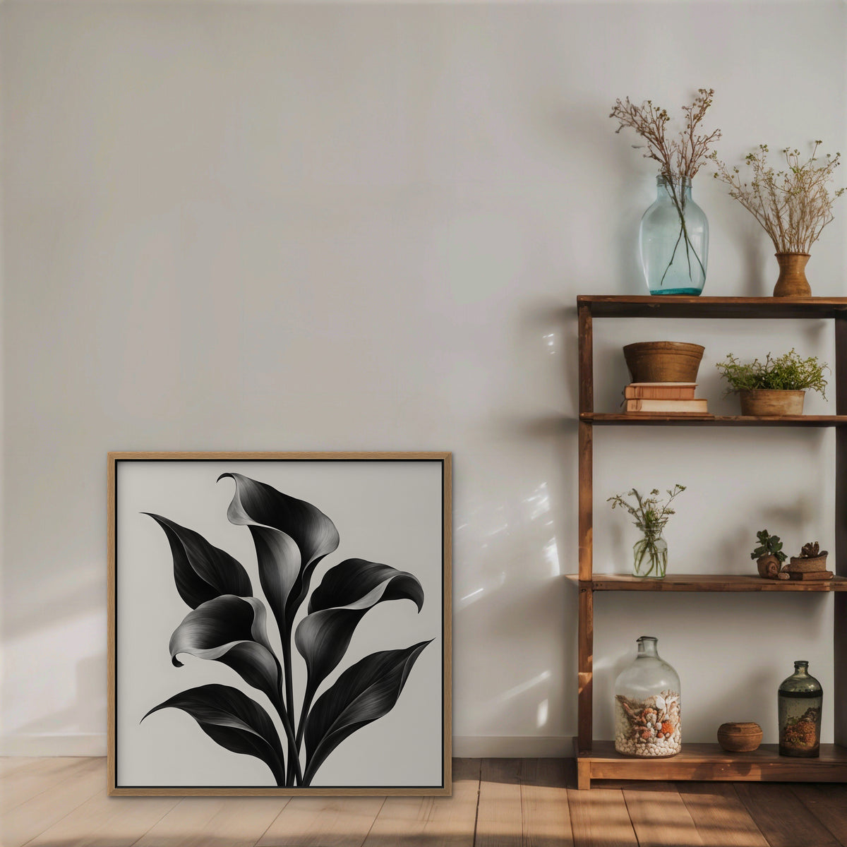 Black Calla Lilies Canvas Art - Square – Oak Floating Frame in room setting