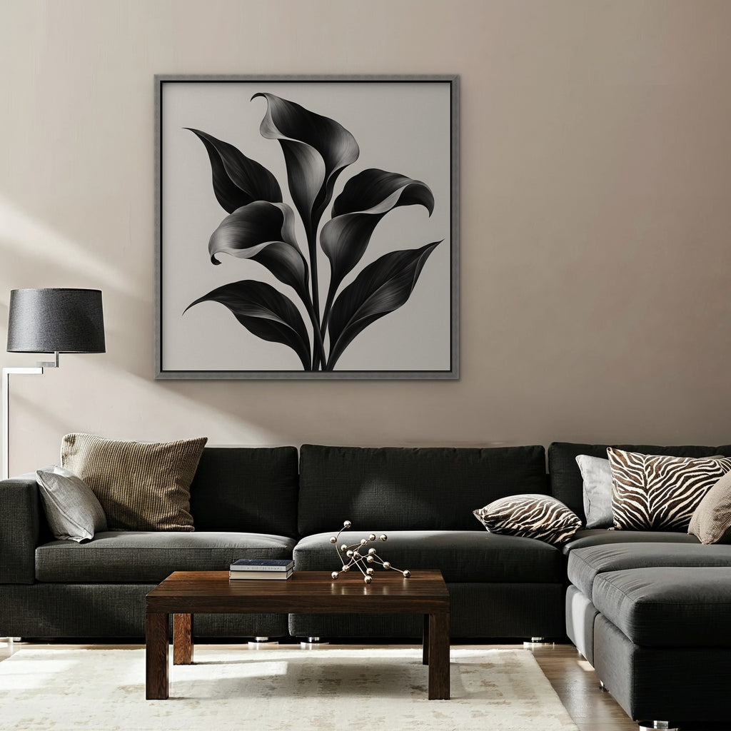 Black Calla Lilies Canvas Art - Square – Silver Floating Frame in room setting