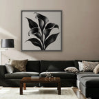 Black Calla Lilies Canvas Art - Square – Silver Floating Frame in room setting
