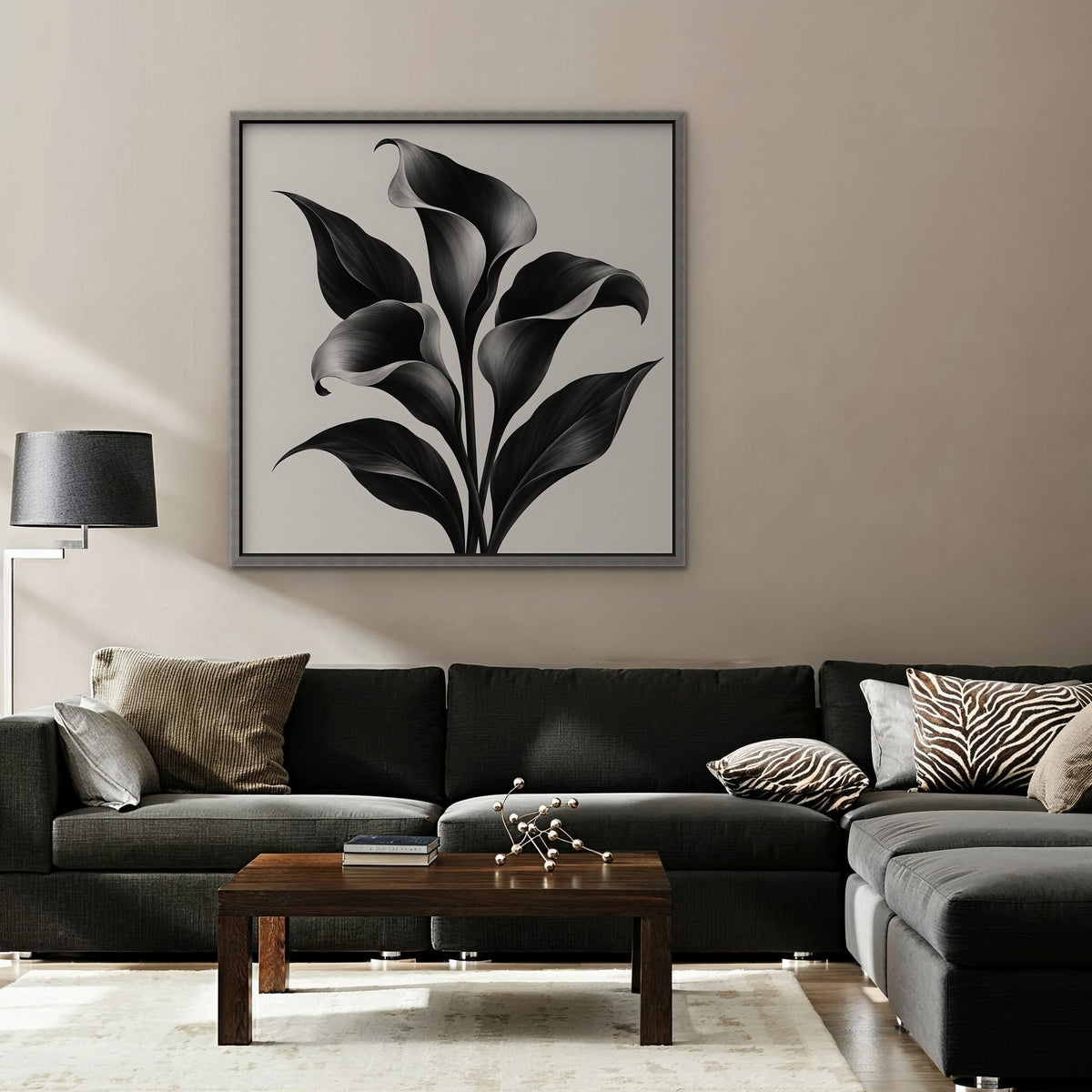 Black Calla Lilies Canvas Art - Square – Silver Floating Frame in room setting