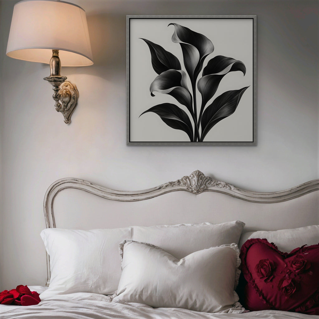 Black Calla Lilies Canvas Art - Square – Silver Floating Frame in room setting