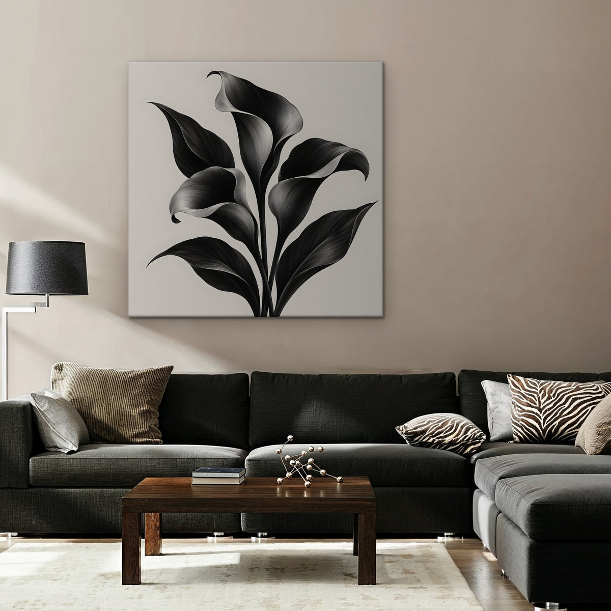 Black Calla Lilies Canvas Art - Square – Stretched Canvas Only in room setting