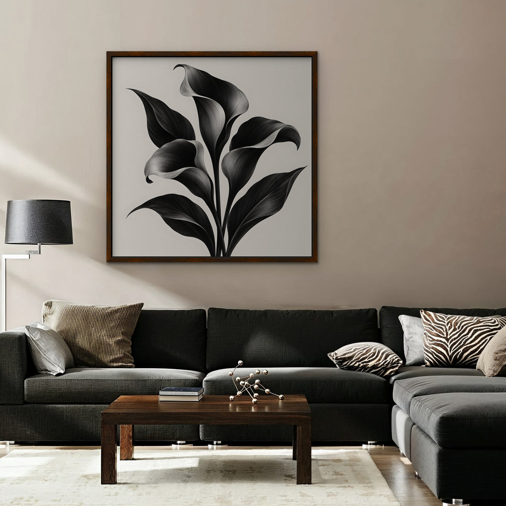 Black Calla Lilies Canvas Art - Square – Walnut Floating Frame in room setting