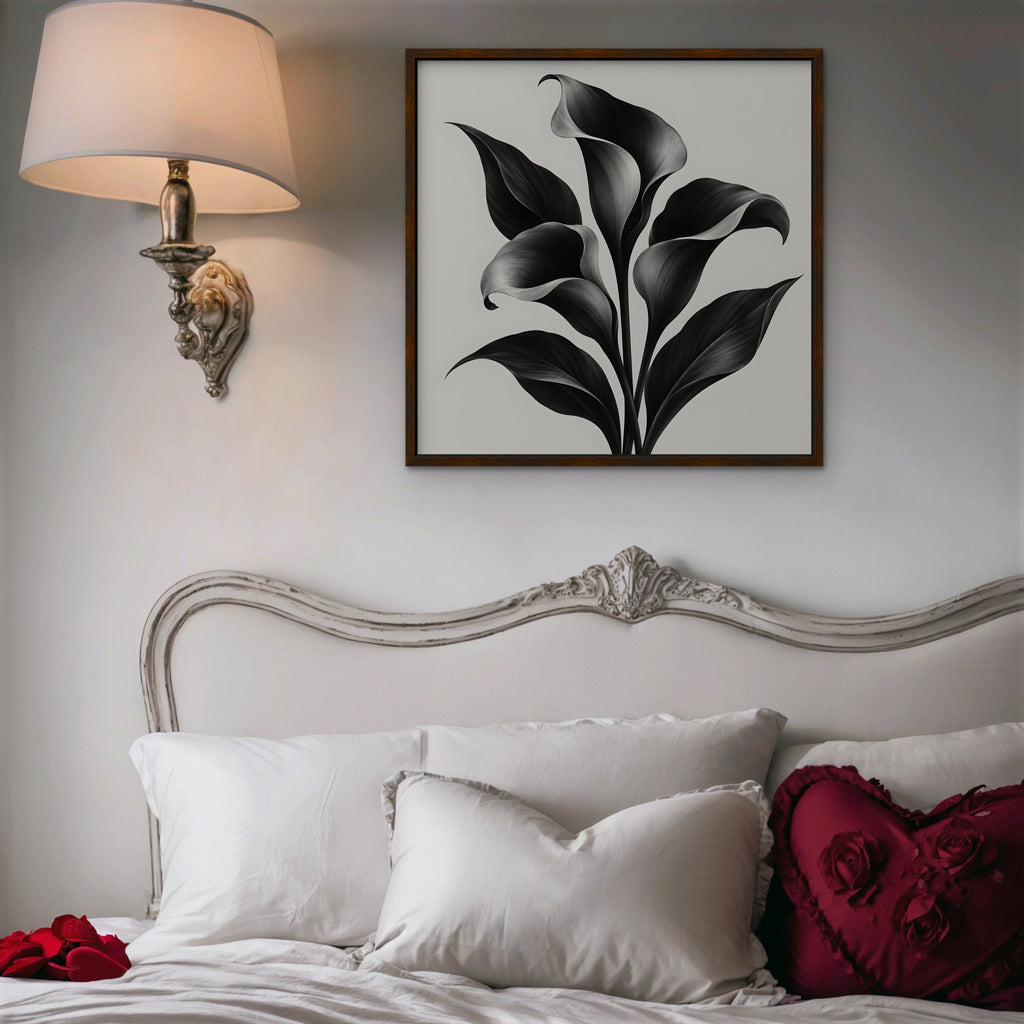 Black Calla Lilies Canvas Art - Square – Walnut Floating Frame in room setting