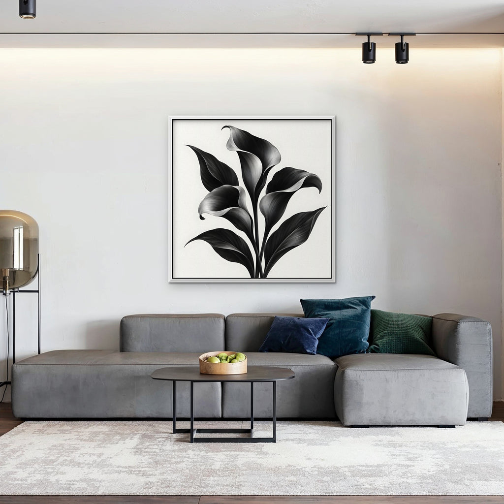 Black Calla Lilies Canvas Art - Square – White Floating Frame in room setting