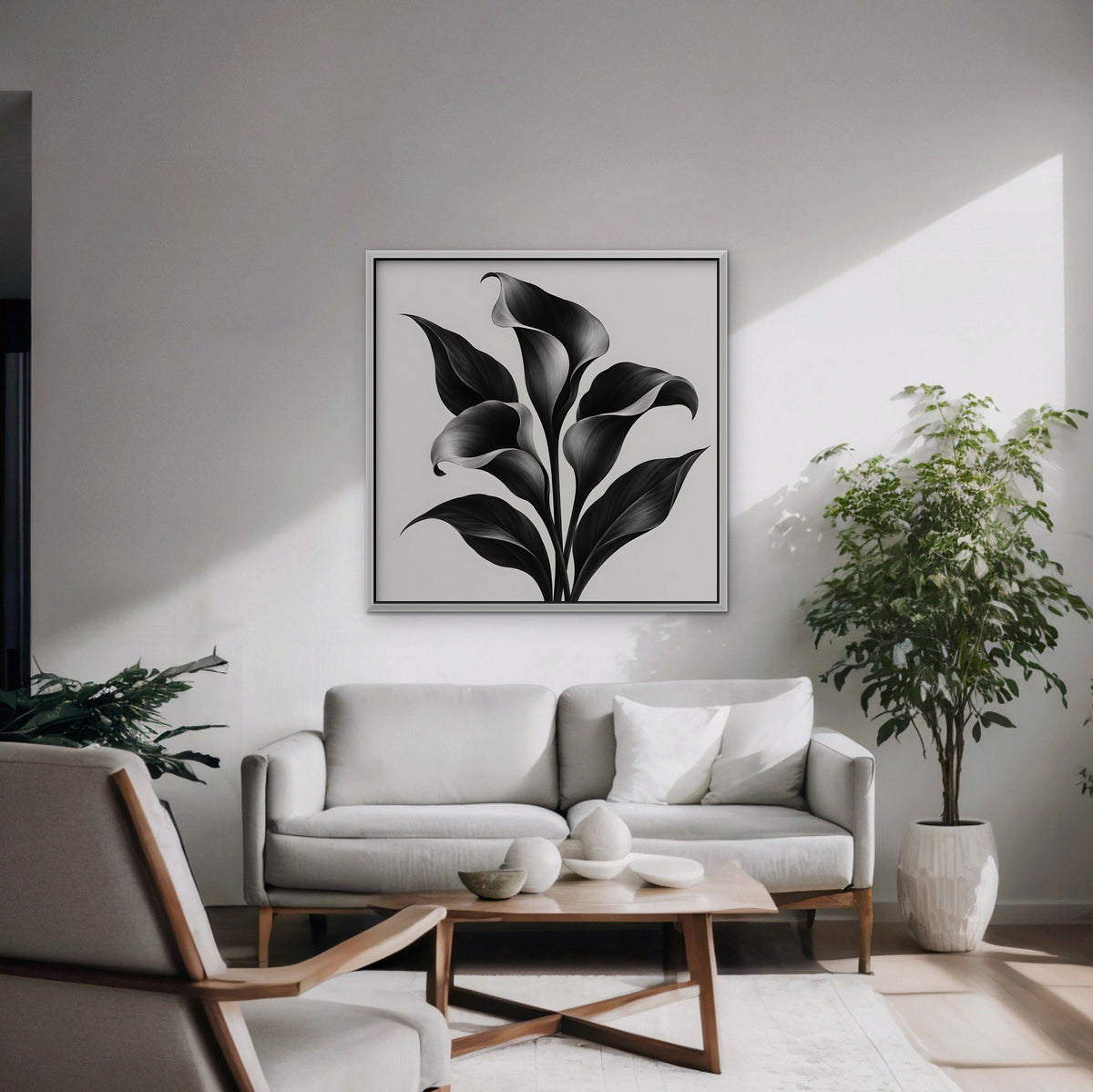 Black Calla Lilies Canvas Art - Square – White Floating Frame in room setting