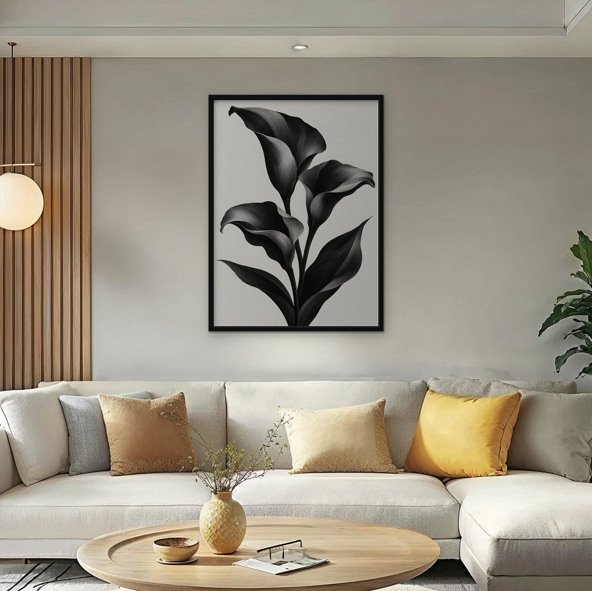 Black Calla Lilies Canvas Art - Vertical – Black Floating Frame in room setting