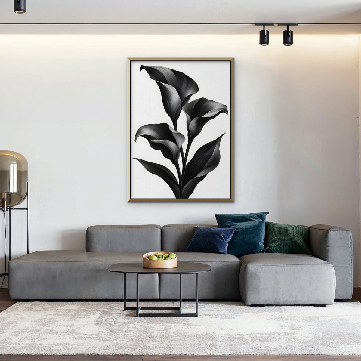 Black Calla Lilies Canvas Art - Vertical – Gold Floating Frame in room setting
