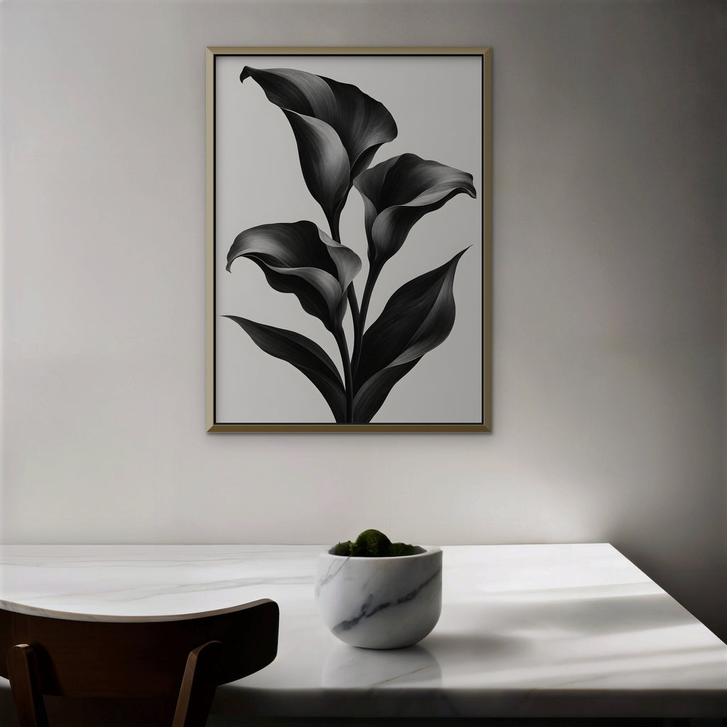 Black Calla Lilies Canvas Art - Vertical – Gold Floating Frame in room setting