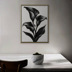 Black Calla Lilies Canvas Art - Vertical – Gold Floating Frame in room setting
