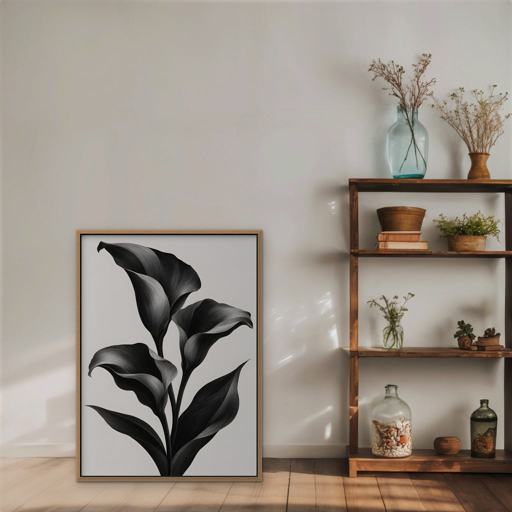 Black Calla Lilies Canvas Art - Vertical – Oak Floating Frame in room setting