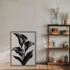Black Calla Lilies Canvas Art - Vertical – Oak Floating Frame in room setting