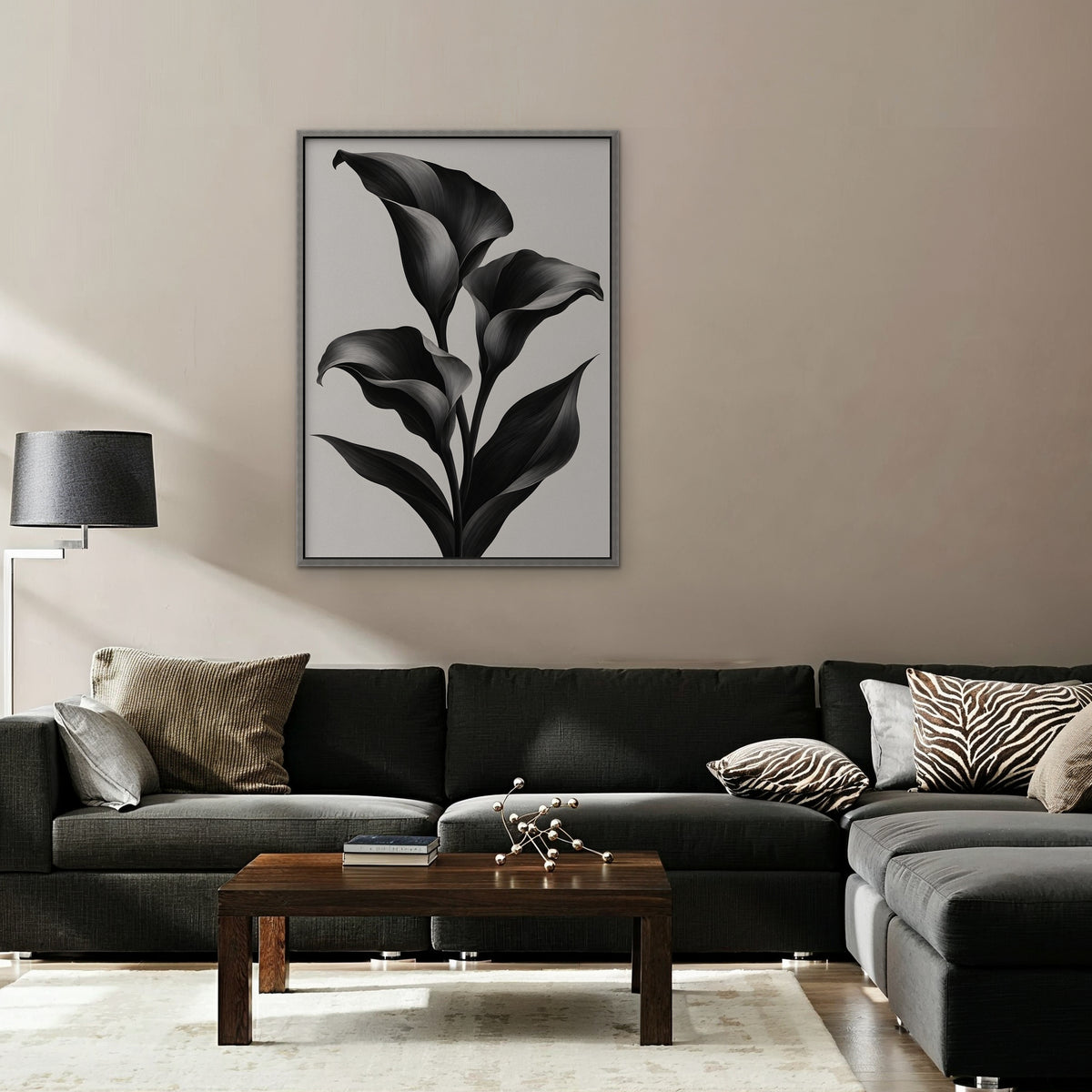 Black Calla Lilies Canvas Art - Vertical – Silver Floating Frame in room setting