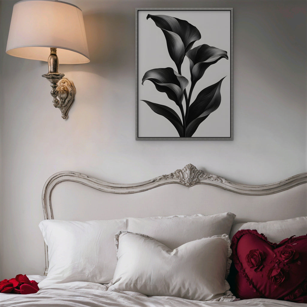 Black Calla Lilies Canvas Art - Vertical – Silver Floating Frame in room setting