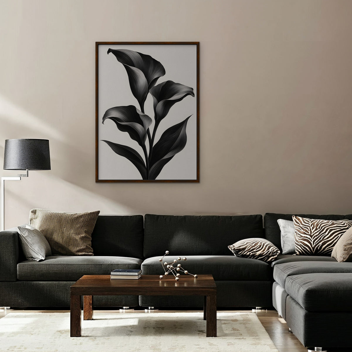 Black Calla Lilies Canvas Art - Vertical – Walnut Floating Frame in room setting