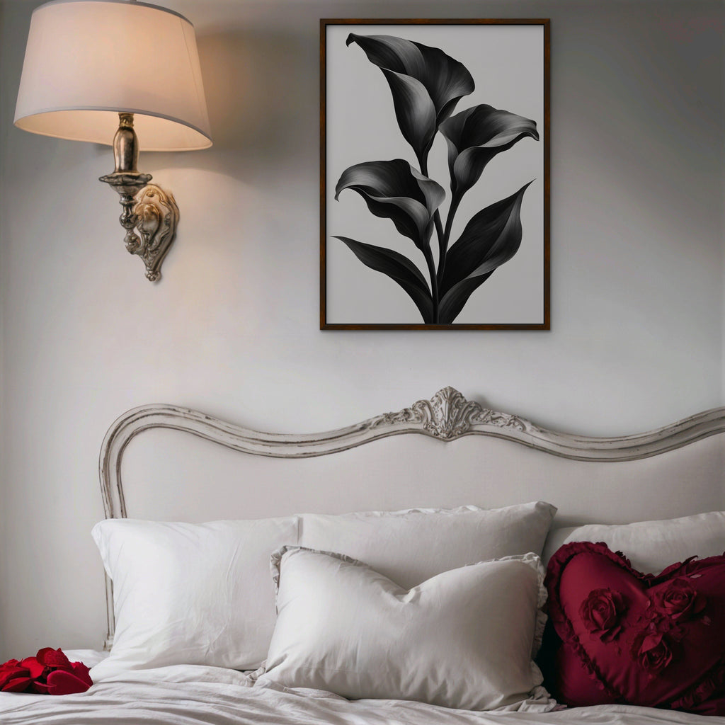 Black Calla Lilies Canvas Art - Vertical – Walnut Floating Frame in room setting