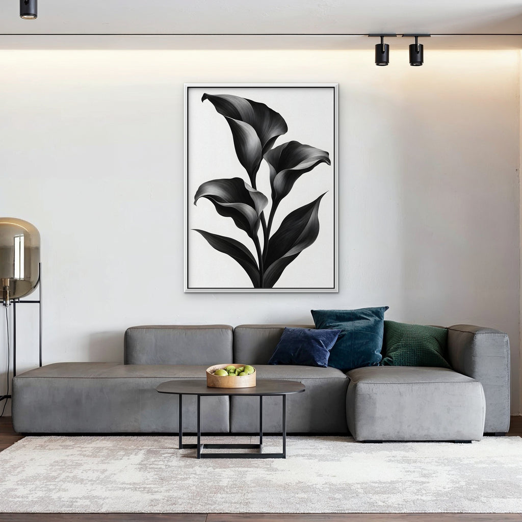 Black Calla Lilies Canvas Art - Vertical – White Floating Frame in room setting