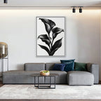 Black Calla Lilies Canvas Art - Vertical – White Floating Frame in room setting