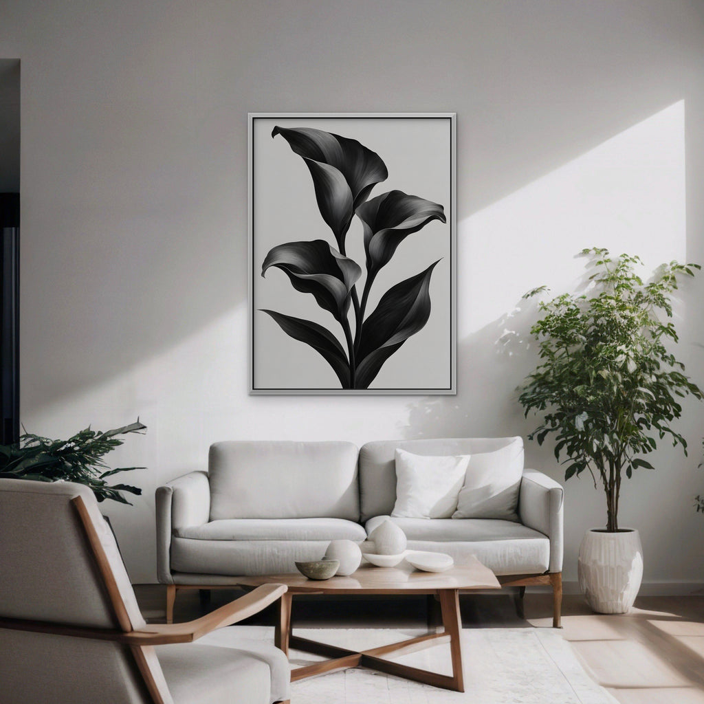 Black Calla Lilies Canvas Art - Vertical – White Floating Frame in room setting