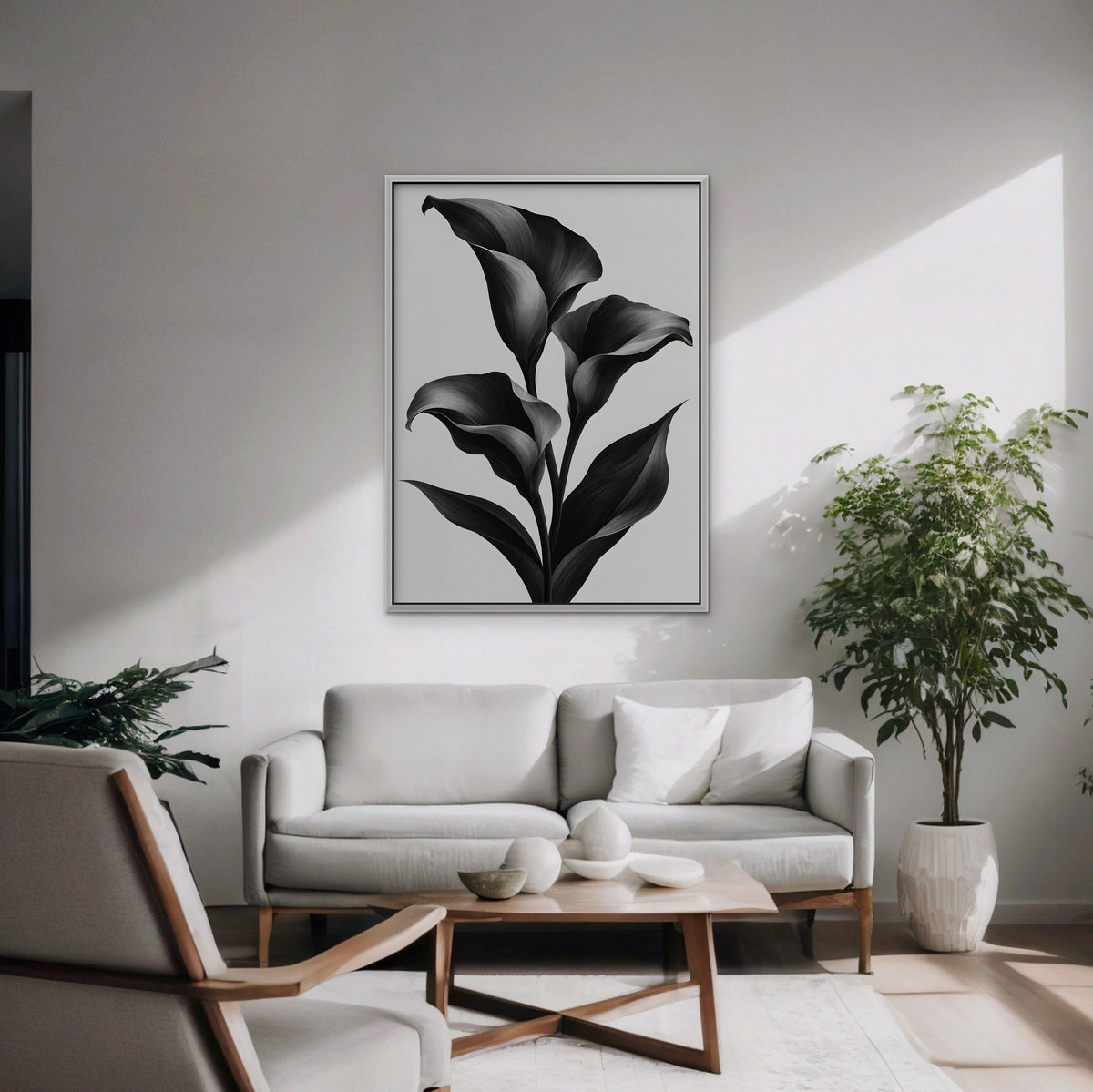 Black Calla Lilies Canvas Art - Vertical – White Floating Frame in room setting