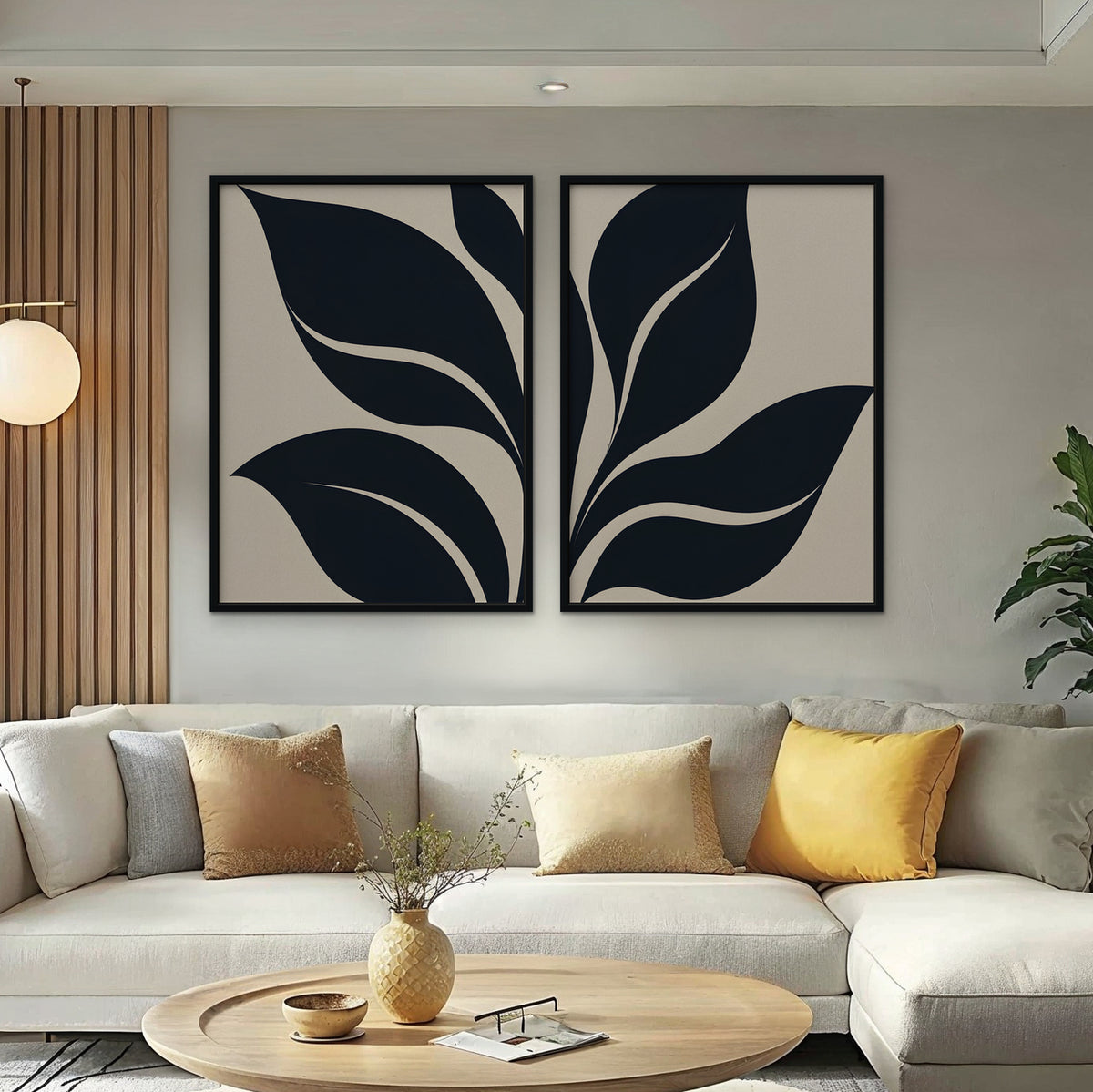 Black Leaf Duo Canvas Art - Set of 2 – Black Floating Frame in room setting