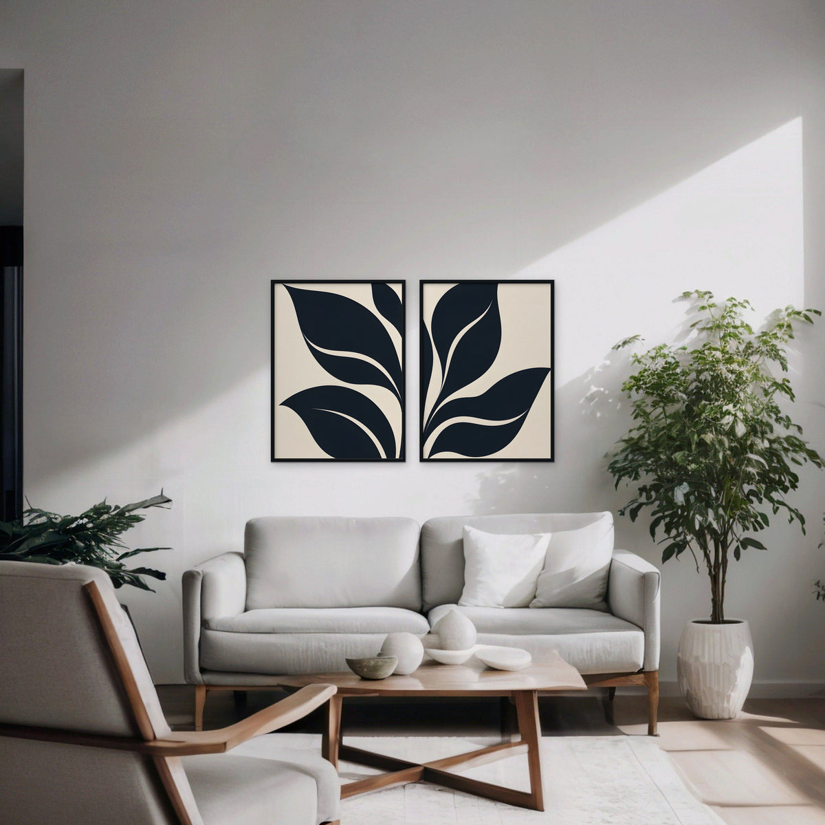 Black Leaf Duo Canvas Art - Set of 2 – Black Floating Frame in room setting