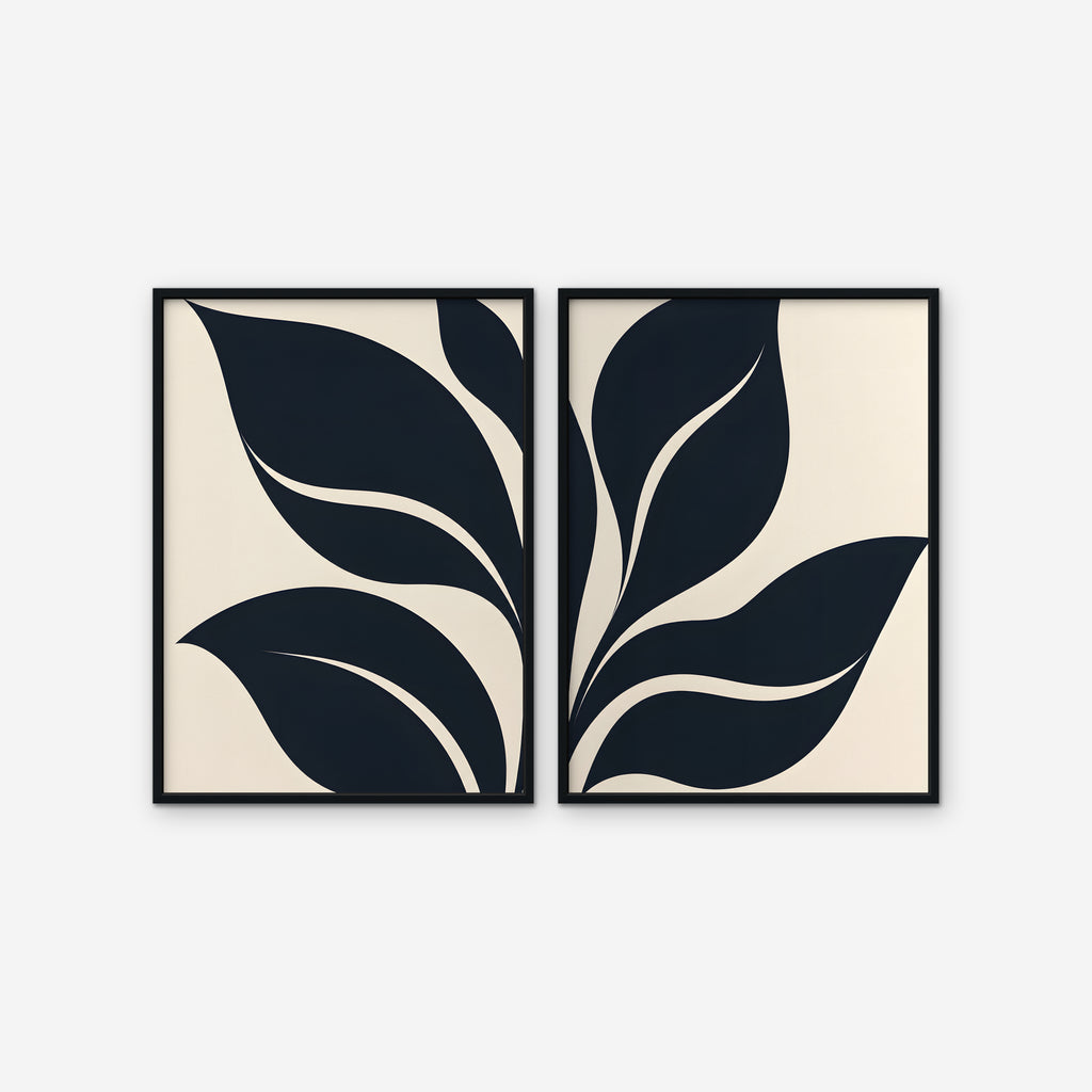 Black Leaf Duo Canvas Art - Set of 2 – Black Floating Frame on white background