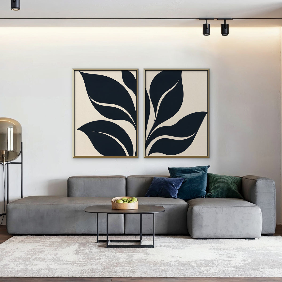 Black Leaf Duo Canvas Art - Set of 2 – Gold Floating Frame in room setting