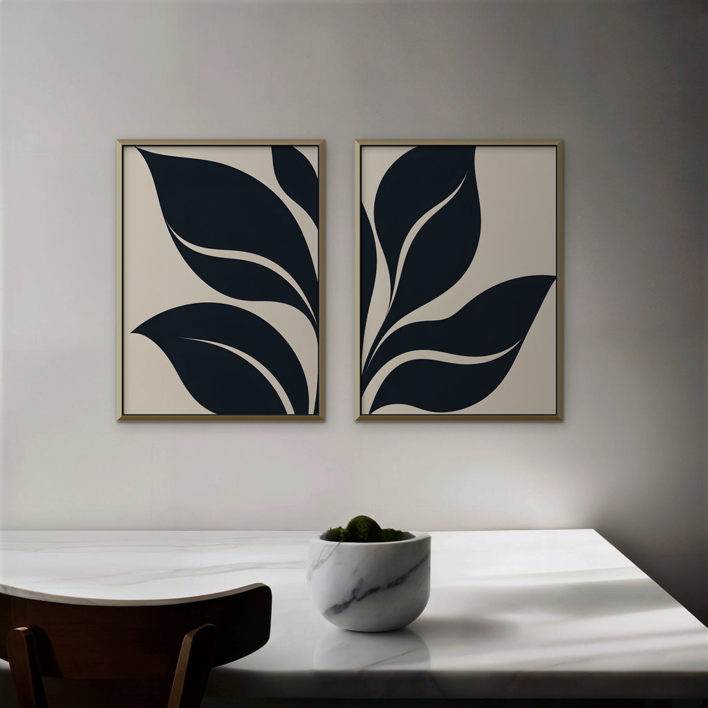 Black Leaf Duo Canvas Art - Set of 2 – Gold Floating Frame in room setting