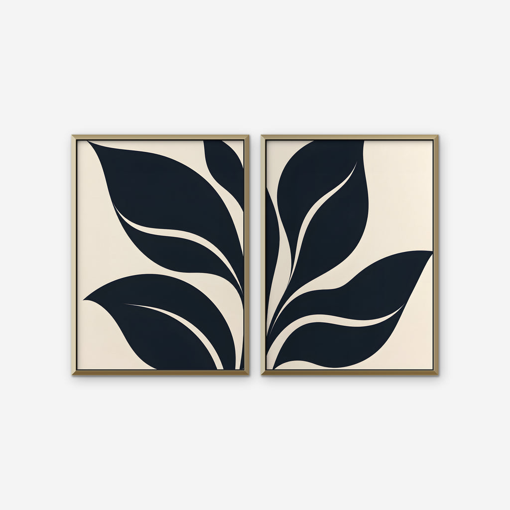 Black Leaf Duo Canvas Art - Set of 2 – Gold Floating Frame on white background