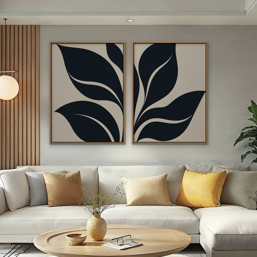 Black Leaf Duo Canvas Art - Set of 2 – Oak Floating Frame in room setting