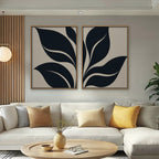 Black Leaf Duo Canvas Art - Set of 2 – Oak Floating Frame in room setting