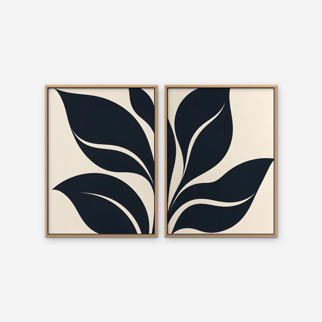 Black Leaf Duo Canvas Art - Set of 2 – Oak Floating Frame on white background