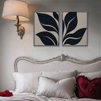 Black Leaf Duo Canvas Art - Set of 2 – Silver Floating Frame in room setting