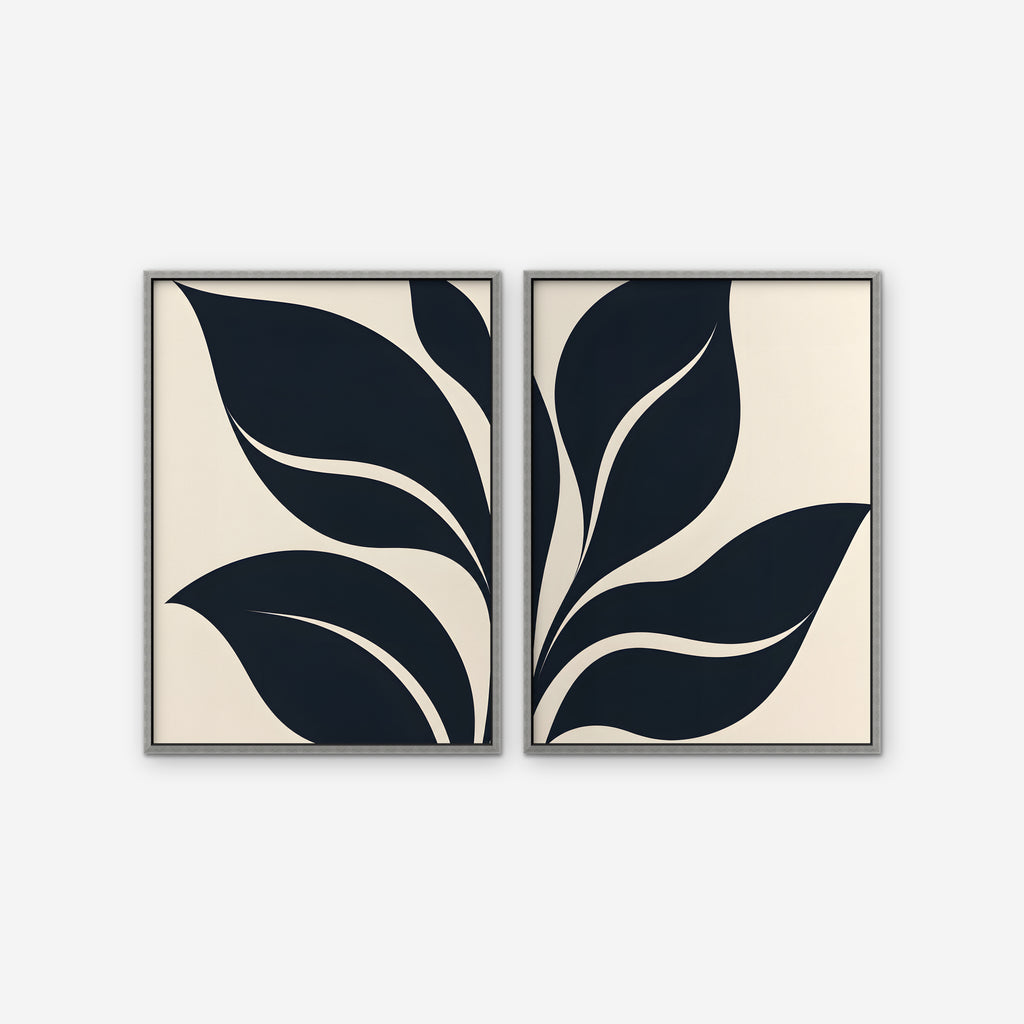 Black Leaf Duo Canvas Art - Set of 2 – Silver Floating Frame on white background