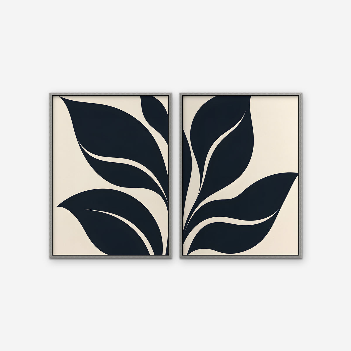 Black Leaf Duo Canvas Art - Set of 2 – Silver Floating Frame on white background