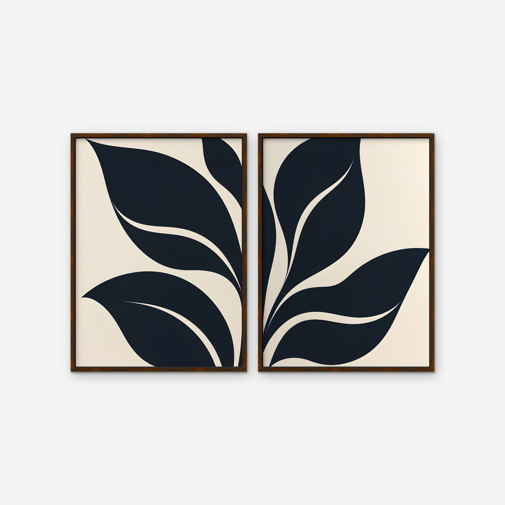 Black Leaf Duo Canvas Art - Set of 2 – Walnut Floating Frame on white background