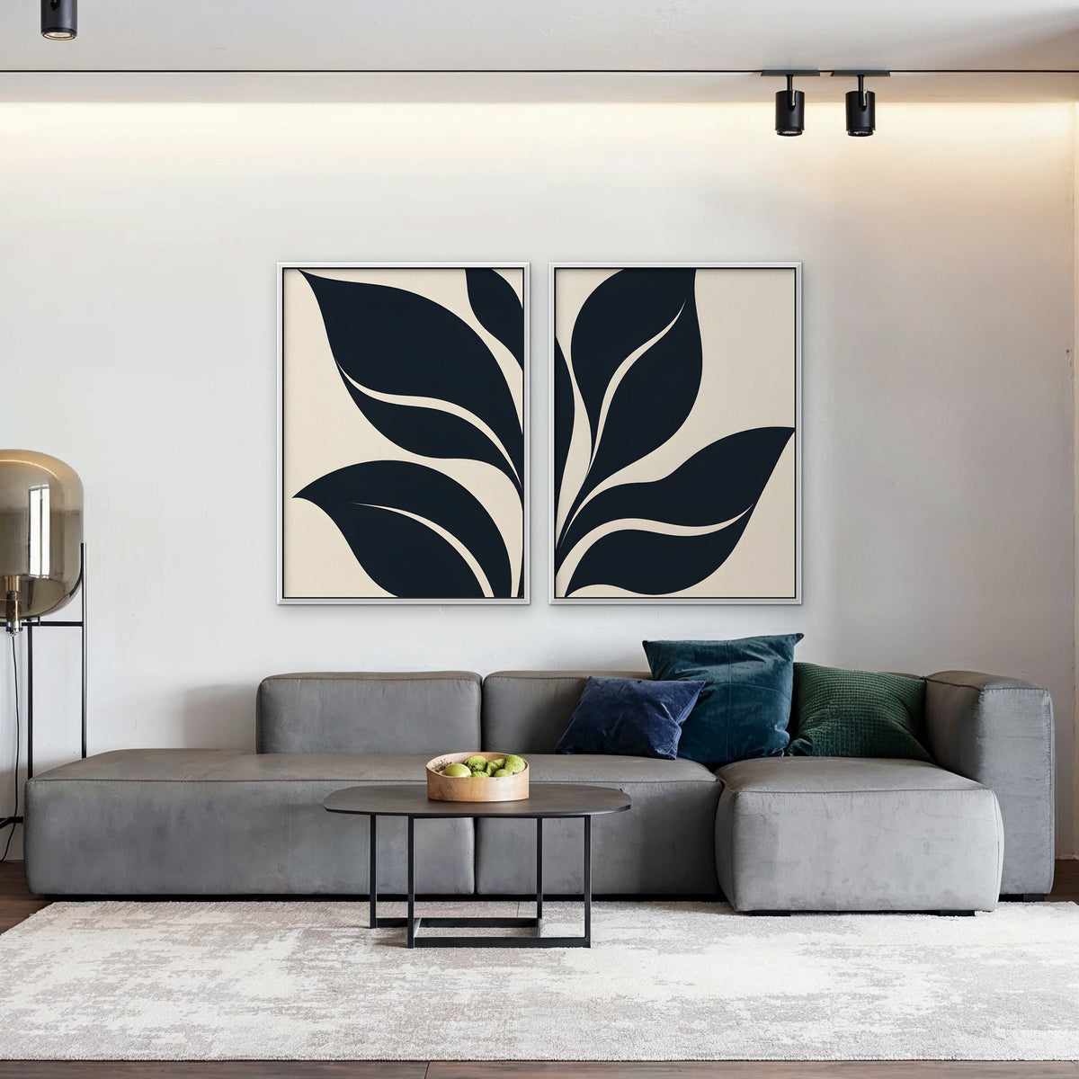 Black Leaf Duo Canvas Art - Set of 2 – White Floating Frame in room setting