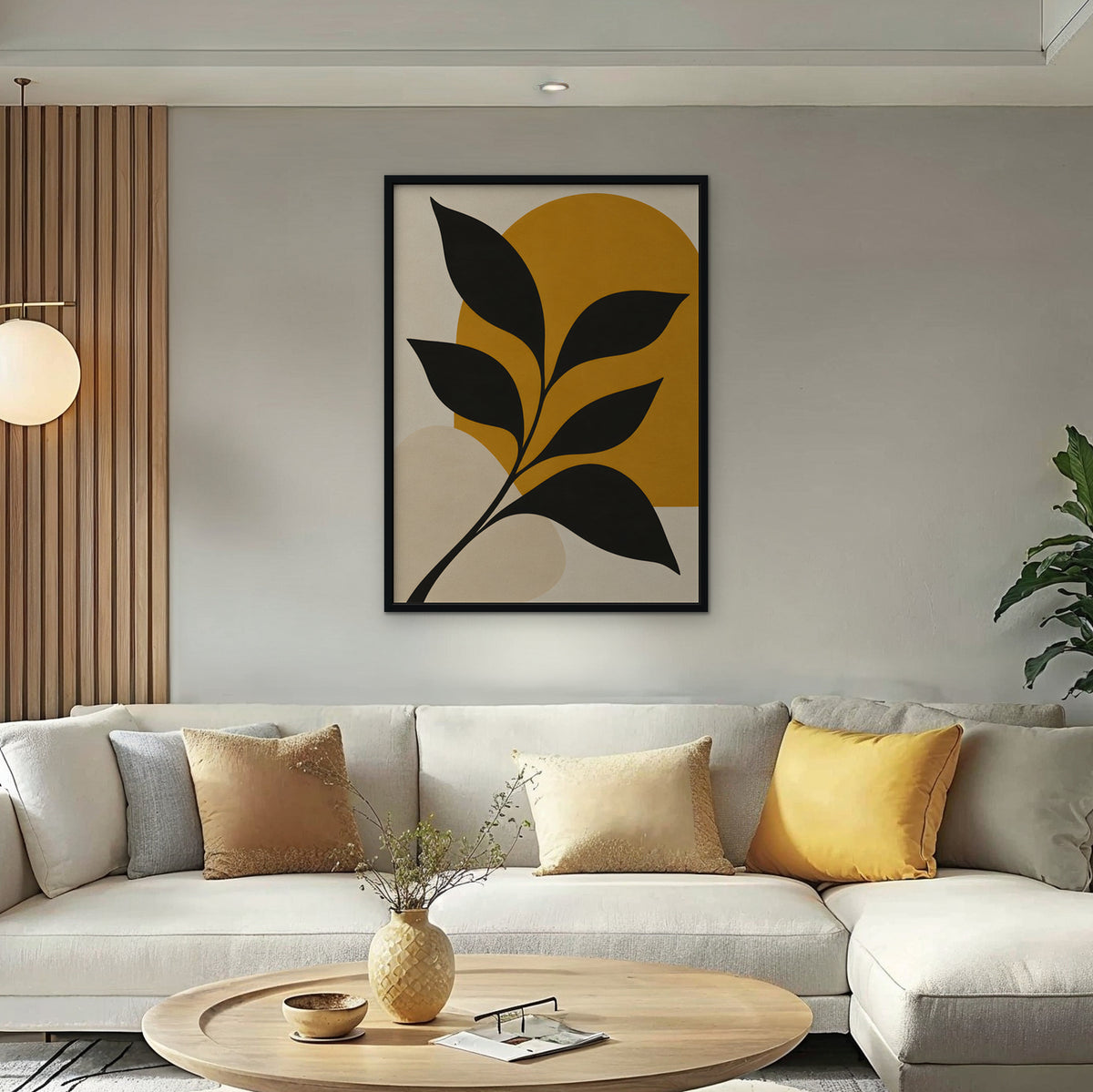 Black Leaf on Gold Canvas Art - Vertical – Black Floating Frame in room setting
