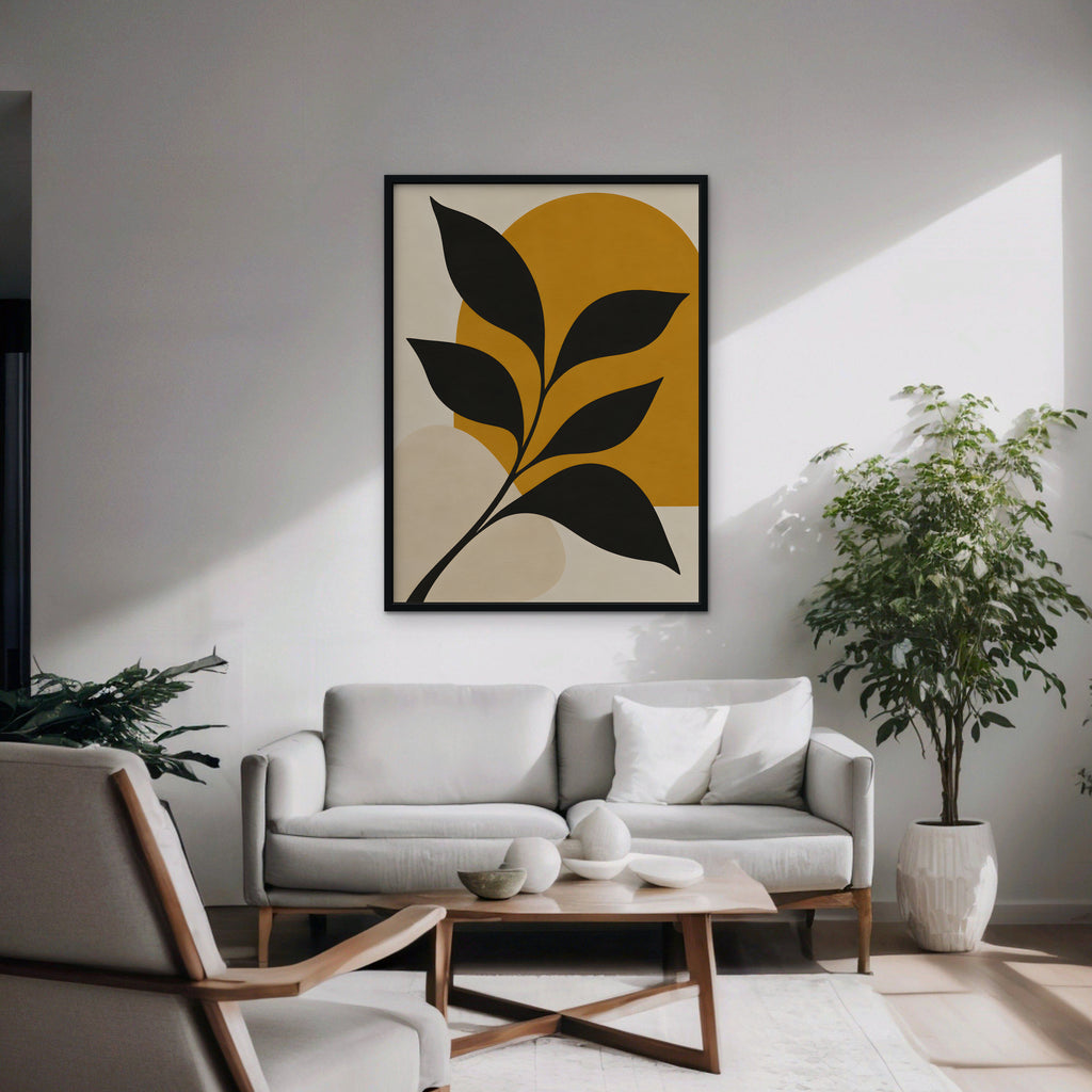 Black Leaf on Gold Canvas Art - Vertical – Black Floating Frame in room setting