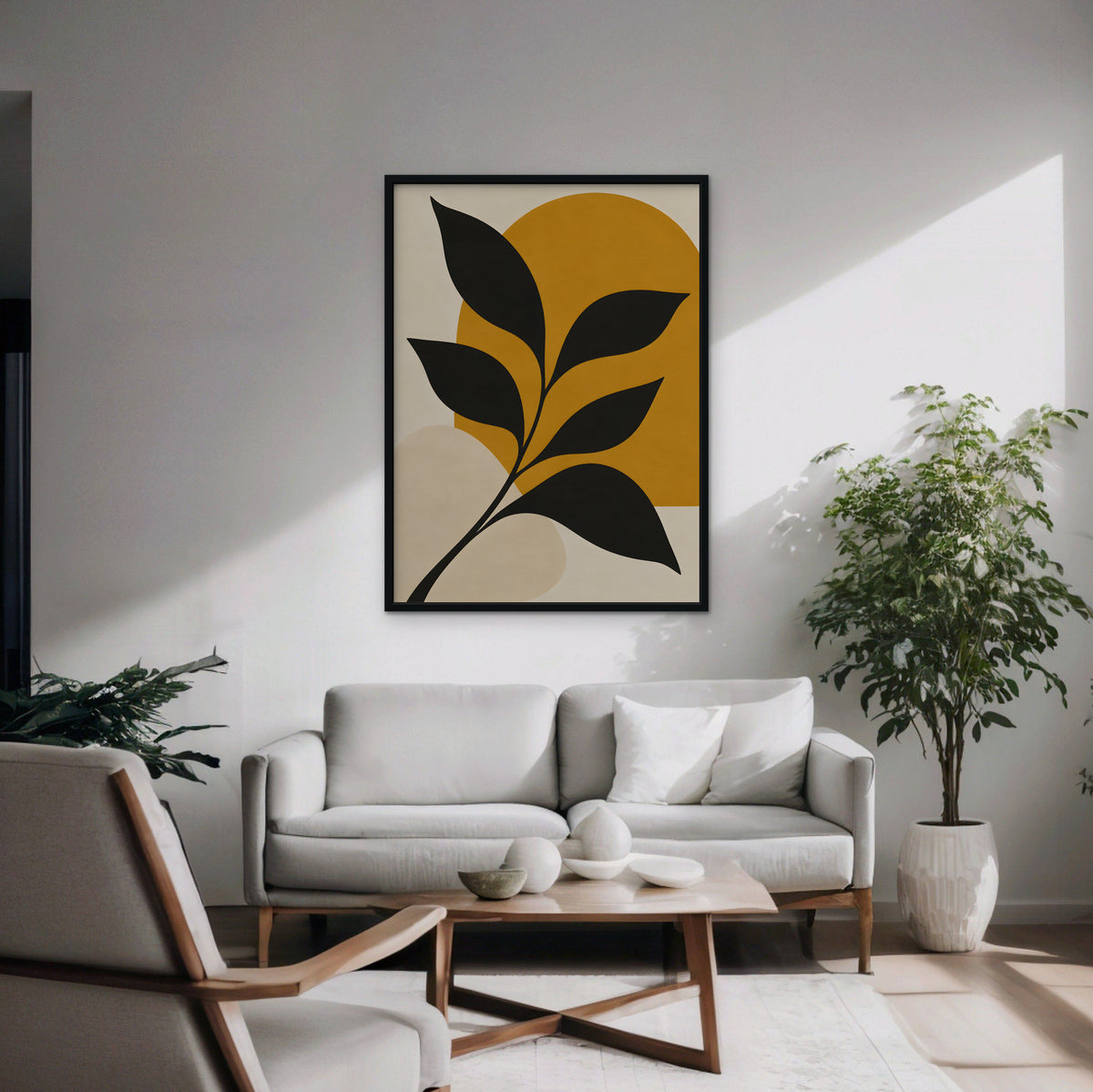 Black Leaf on Gold Canvas Art - Vertical – Black Floating Frame in room setting