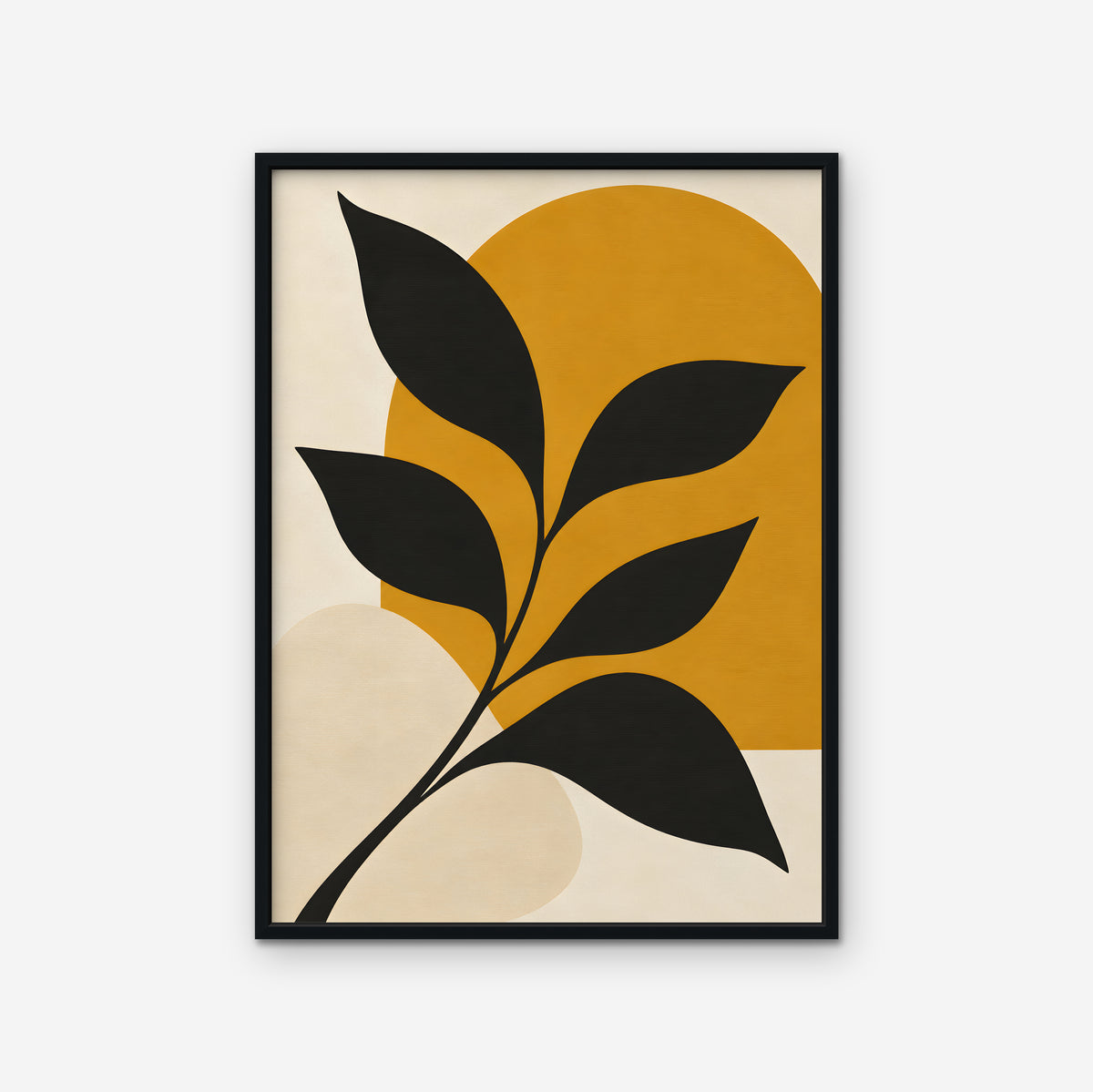 Black Leaf on Gold Canvas Art - Vertical – Black Floating Frame on white background