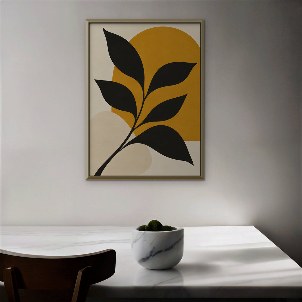 Black Leaf on Gold Canvas Art - Vertical – Gold Floating Frame in room setting