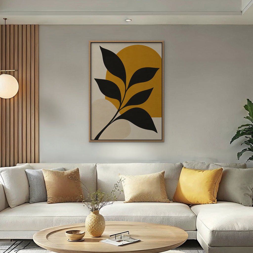 Black Leaf on Gold Canvas Art - Vertical – Oak Floating Frame in room setting