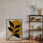 Black Leaf on Gold Canvas Art - Vertical – Oak Floating Frame in room setting