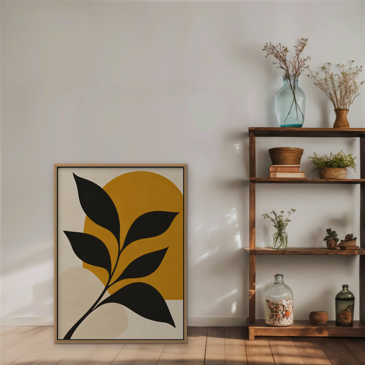 Black Leaf on Gold Canvas Art - Vertical – Oak Floating Frame in room setting