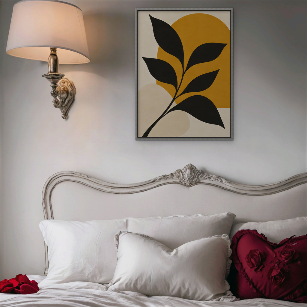 Black Leaf on Gold Canvas Art - Vertical – Silver Floating Frame in room setting