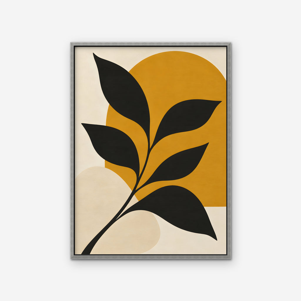 Black Leaf on Gold Canvas Art - Vertical – Silver Floating Frame on white background