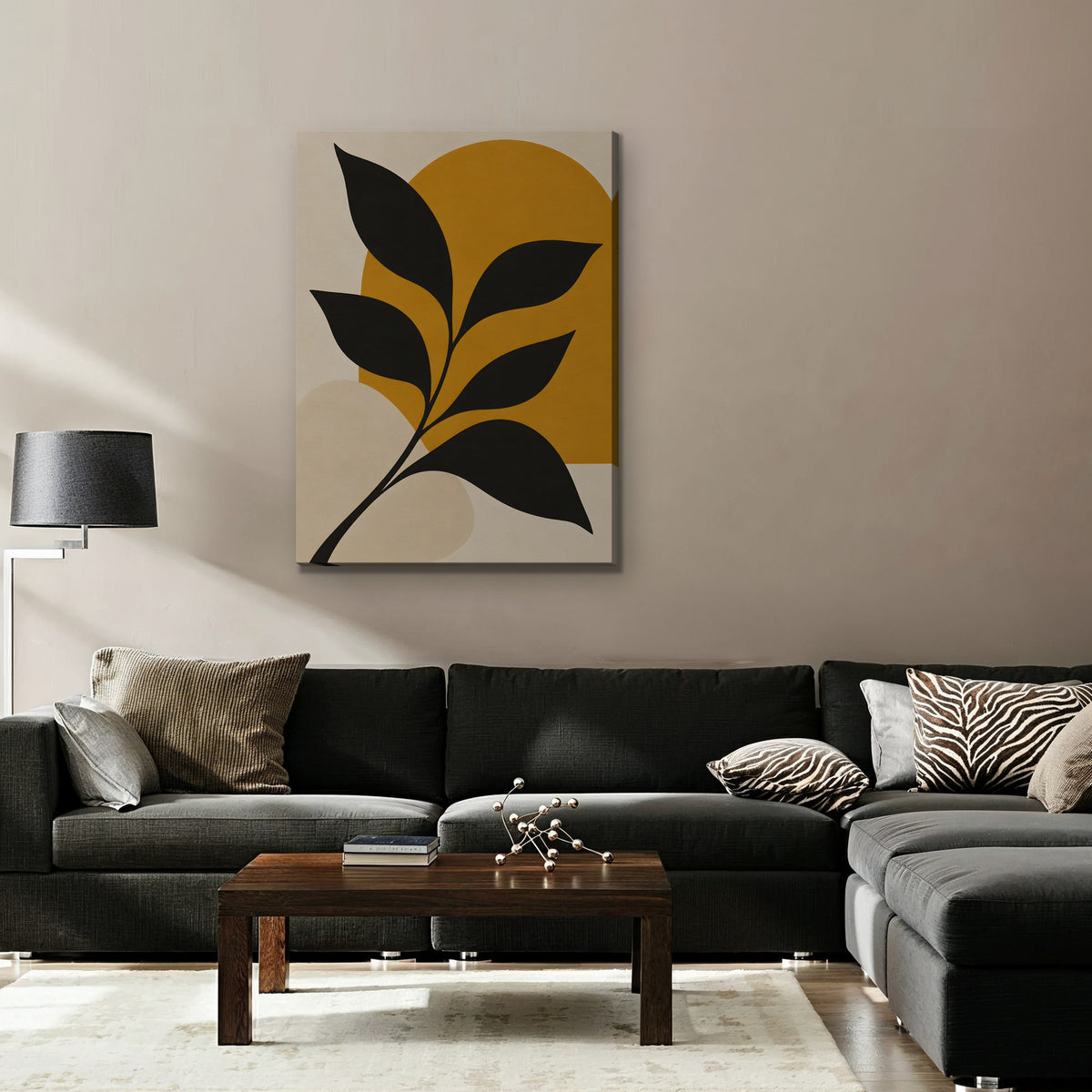 Black Leaf on Gold Canvas Art - Vertical – Stretched Canvas Only in room setting